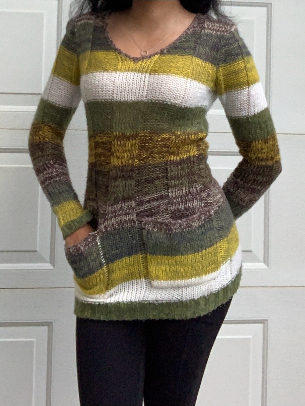 Ultra Flirt Striped V-Neck Sweater Tunic in Olive, green & White
